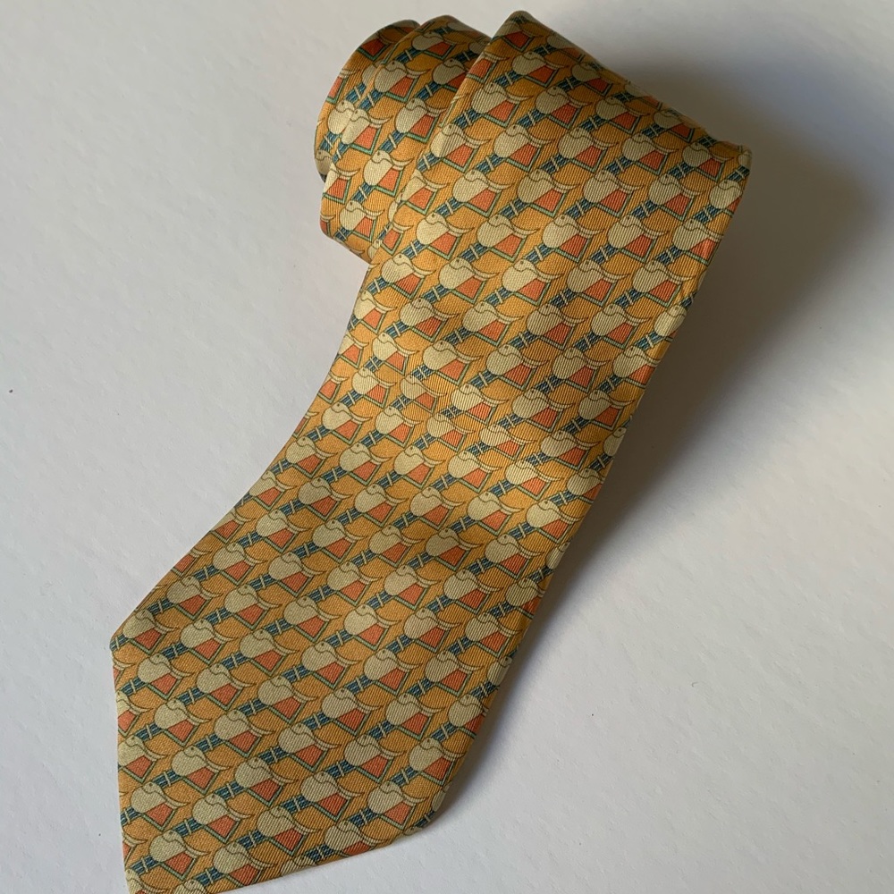Authentic French Hermès 100% silk tie w/ geometric blue, beige, tan nude